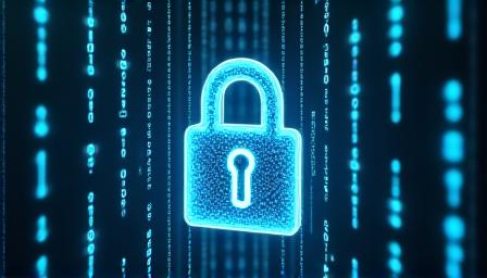 Encrypted data stream visual with blue lock icon